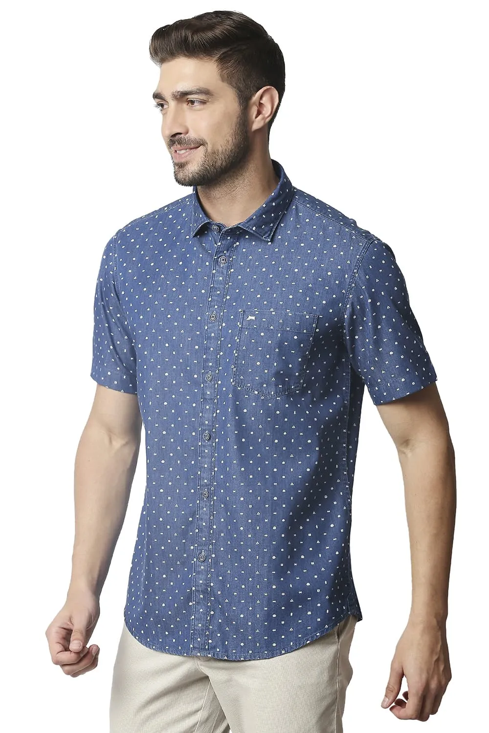 Slim Fit Indigo Printed Halfsleeves Shirt