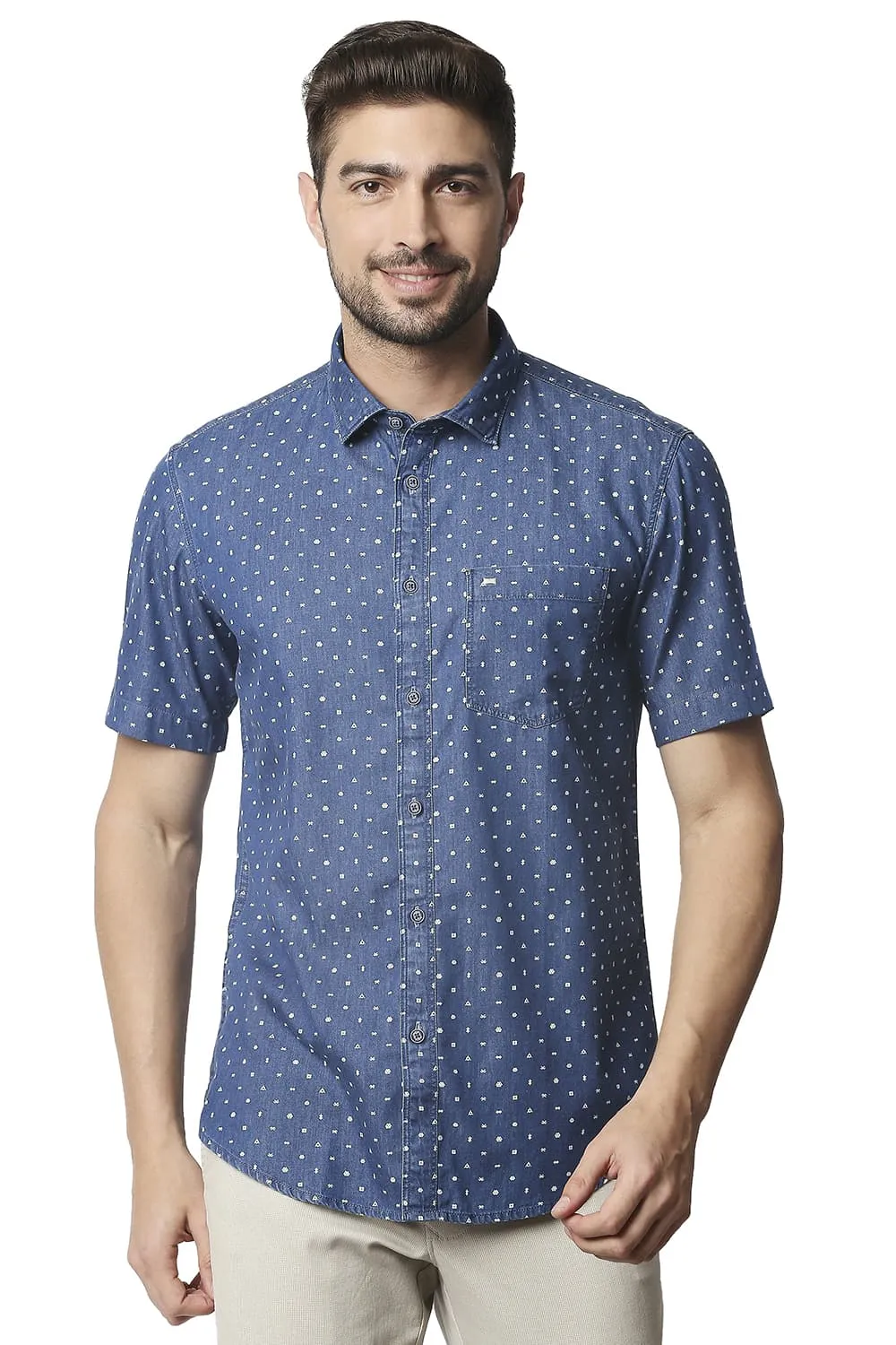 Slim Fit Indigo Printed Halfsleeves Shirt