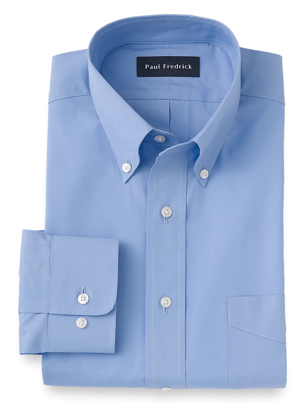 Slim Fit Pure Cotton Broadcloth Solid Color Button Down Collar Dress Shirt - Blue