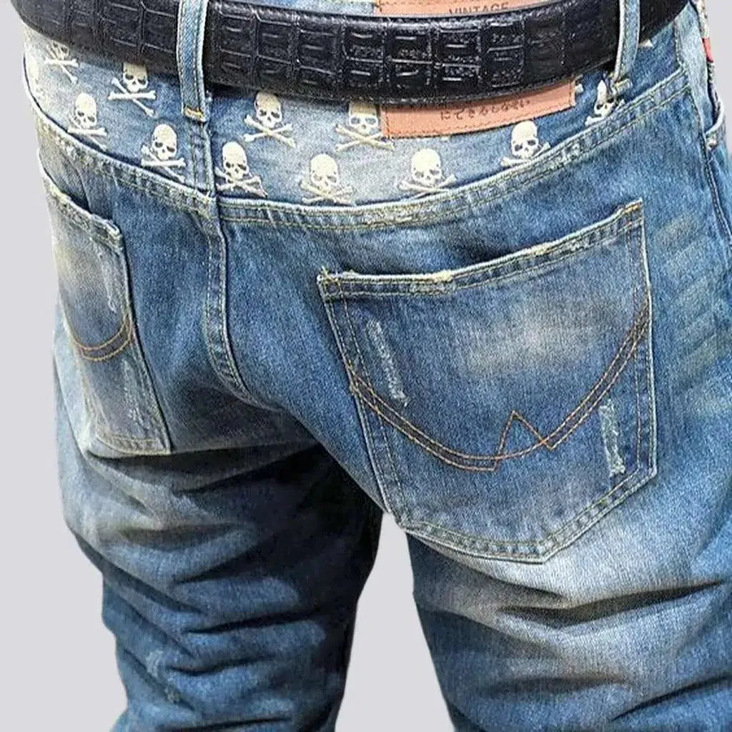 Small skulls embroidery jeans
 for men