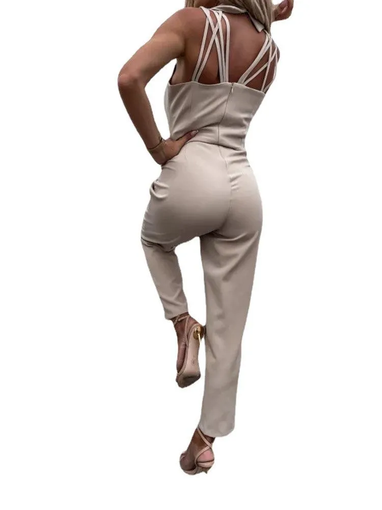 Solid Color Slim Fit Backless Fashion Jumpsuit Women's Pants