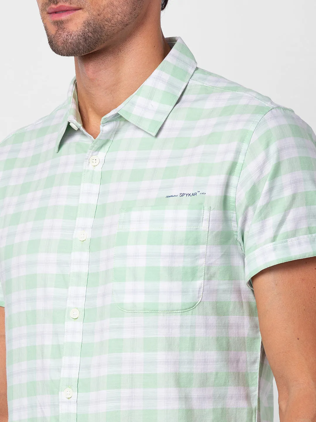 Spykar Men Mint Green Cotton Slim Fit Checkered Shirt