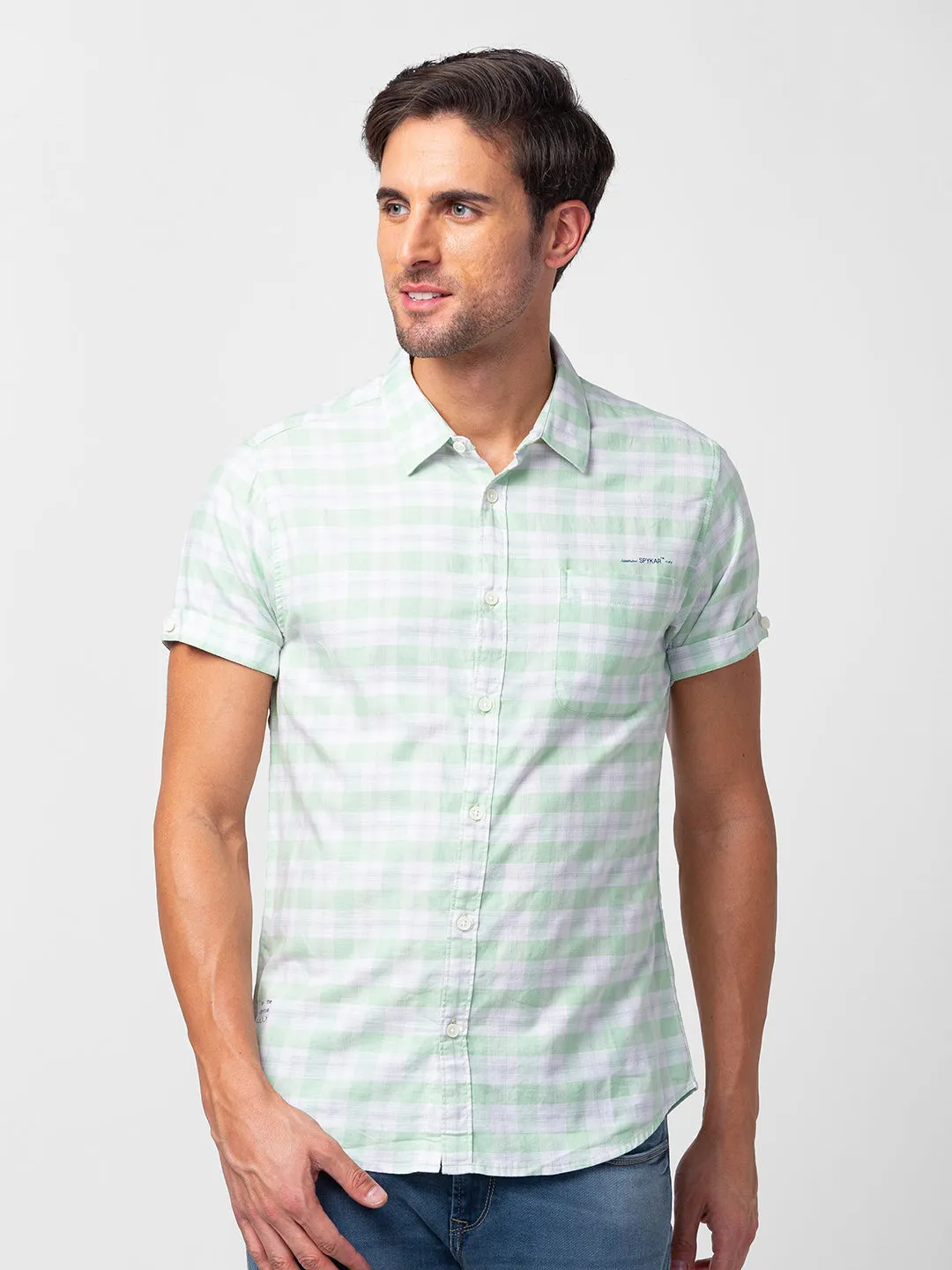 Spykar Men Mint Green Cotton Slim Fit Checkered Shirt