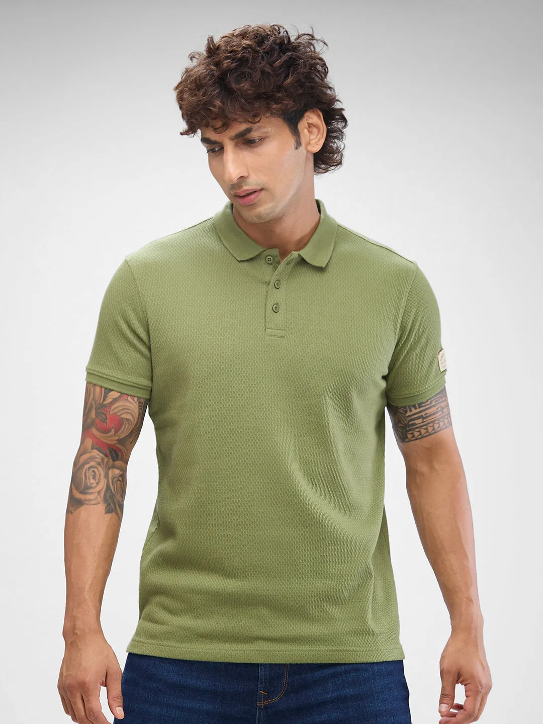 Spykar Sage Green Cotton Poly Half Sleeve  Tshirt For Men