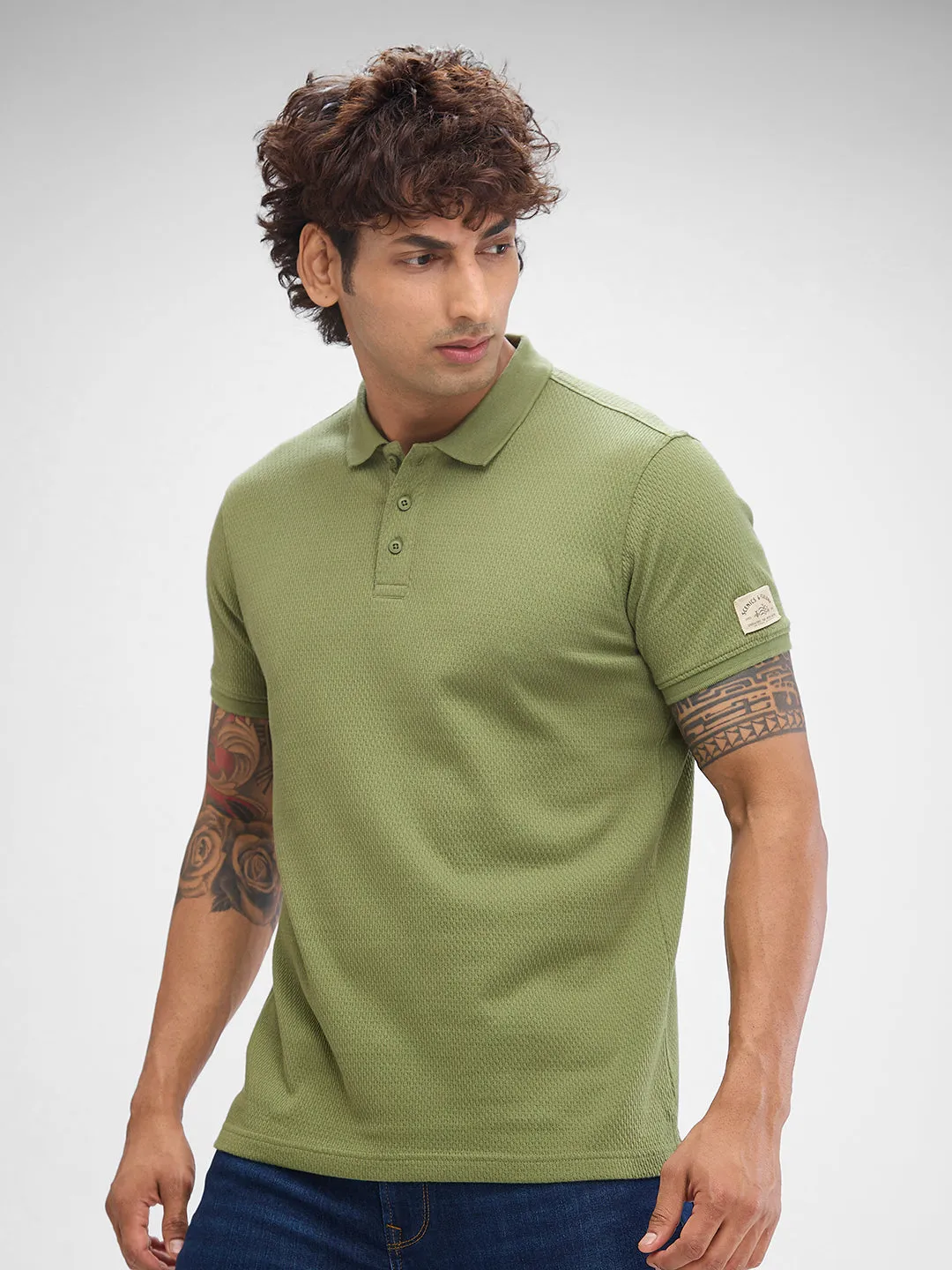 Spykar Sage Green Cotton Poly Half Sleeve  Tshirt For Men