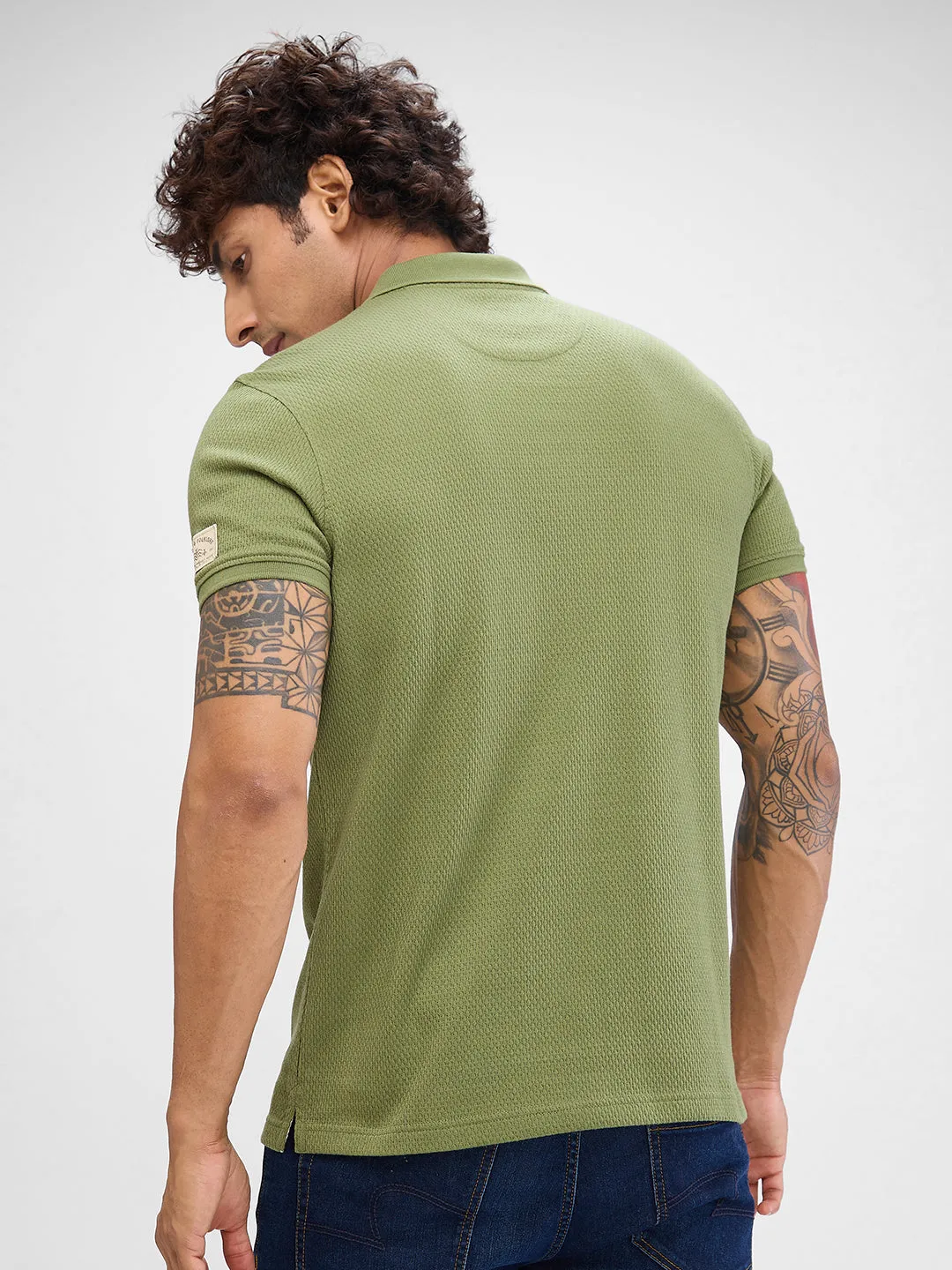 Spykar Sage Green Cotton Poly Half Sleeve  Tshirt For Men