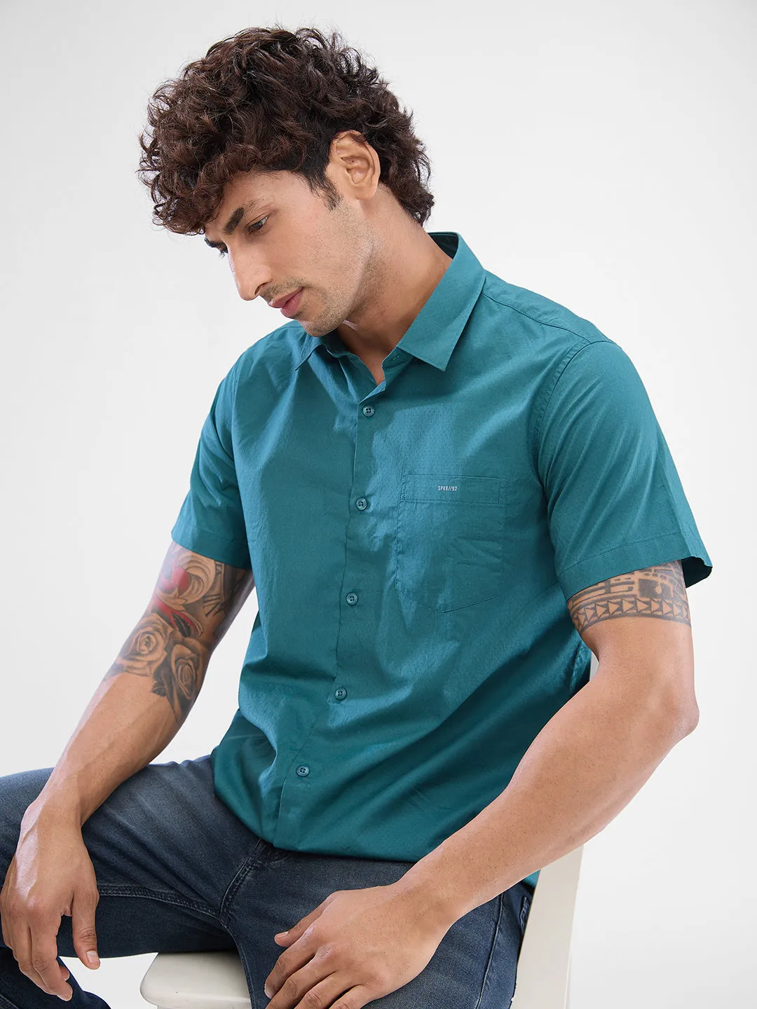 Spykar Teal Green Cotton Half Sleeve Raised Collar Shirt For Men