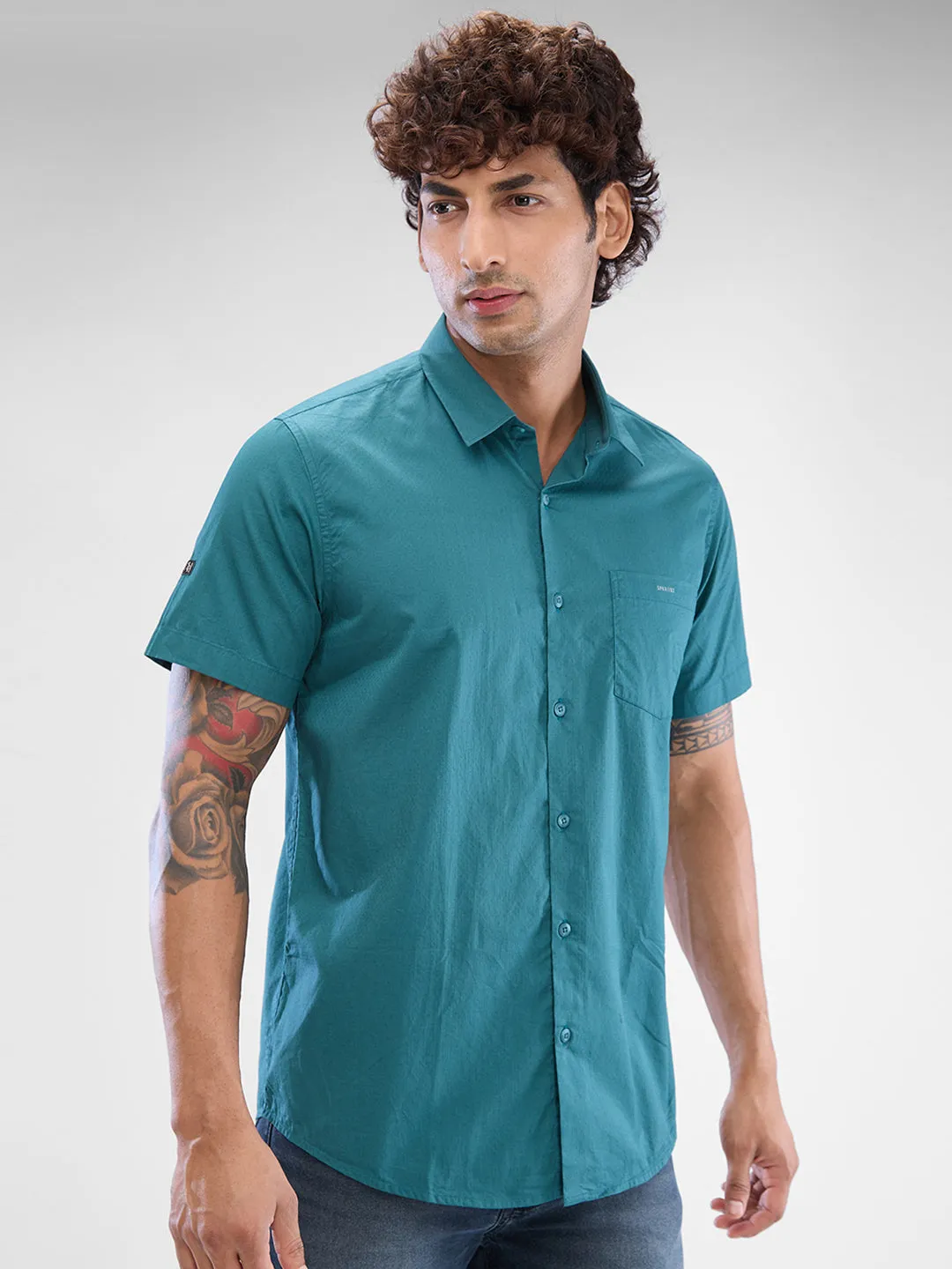 Spykar Teal Green Cotton Half Sleeve Raised Collar Shirt For Men