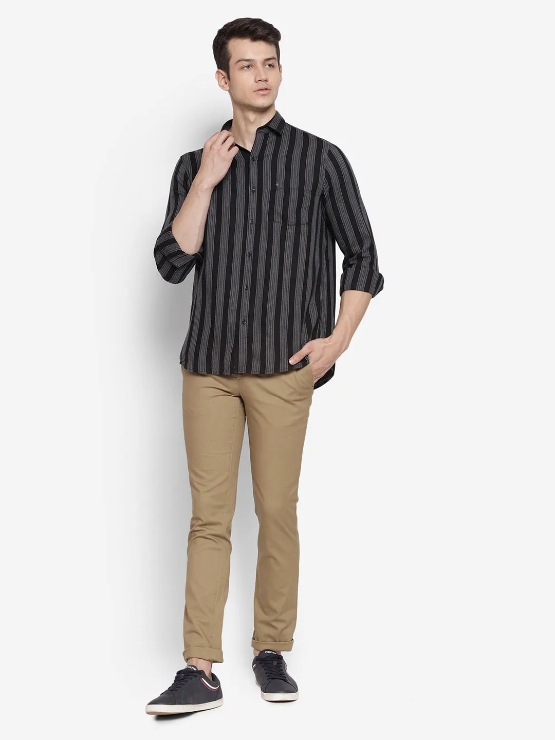 Stiped Black & Grey Slim Fit Causal Shirt