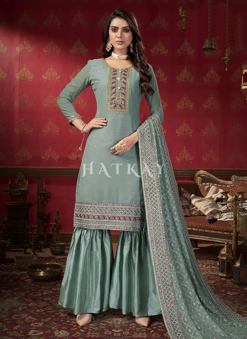 Teal Blue Multi Embroidered Pleated Gharara Suit