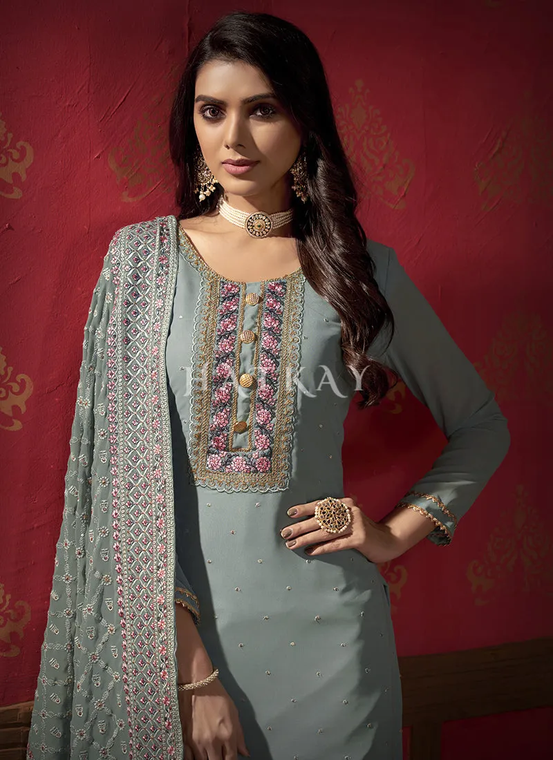 Teal Blue Multi Embroidered Pleated Gharara Suit