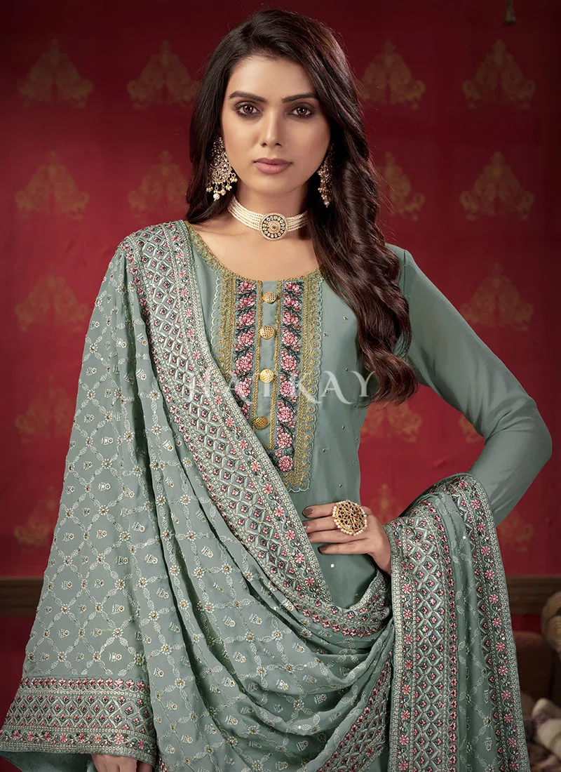 Teal Blue Multi Embroidered Pleated Gharara Suit