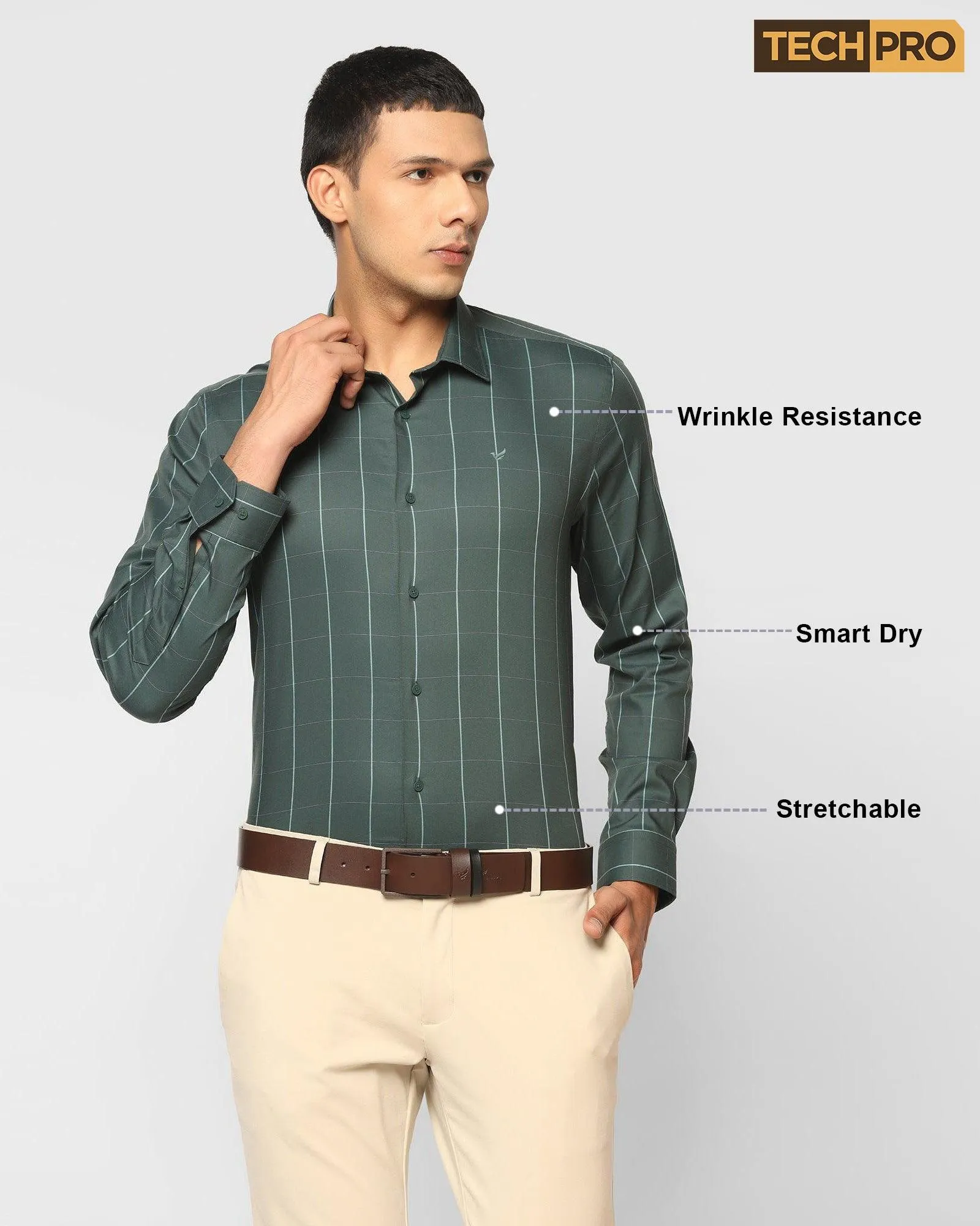 TechPro Formal Green Check Shirt - Digo