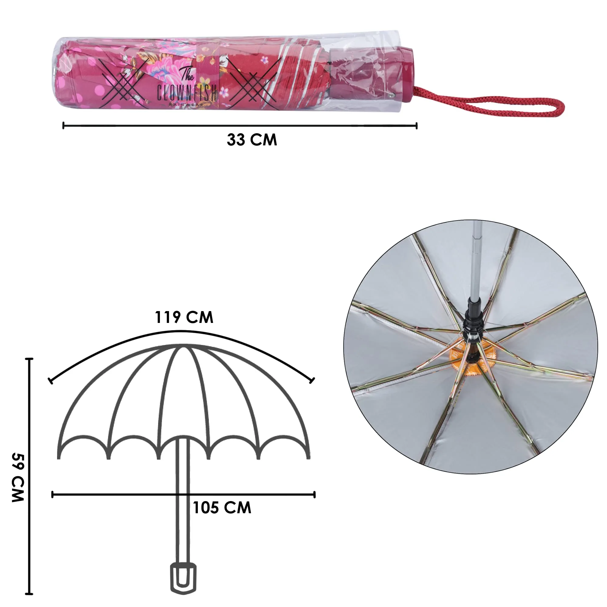 THE CLOWNFISH Umbrella Polka Dot Series 3 Fold Auto Open Waterproof Water Repellent Nylon Double Coated Silver Lined Umbrellas For Men and Women (Pink with maroon border)