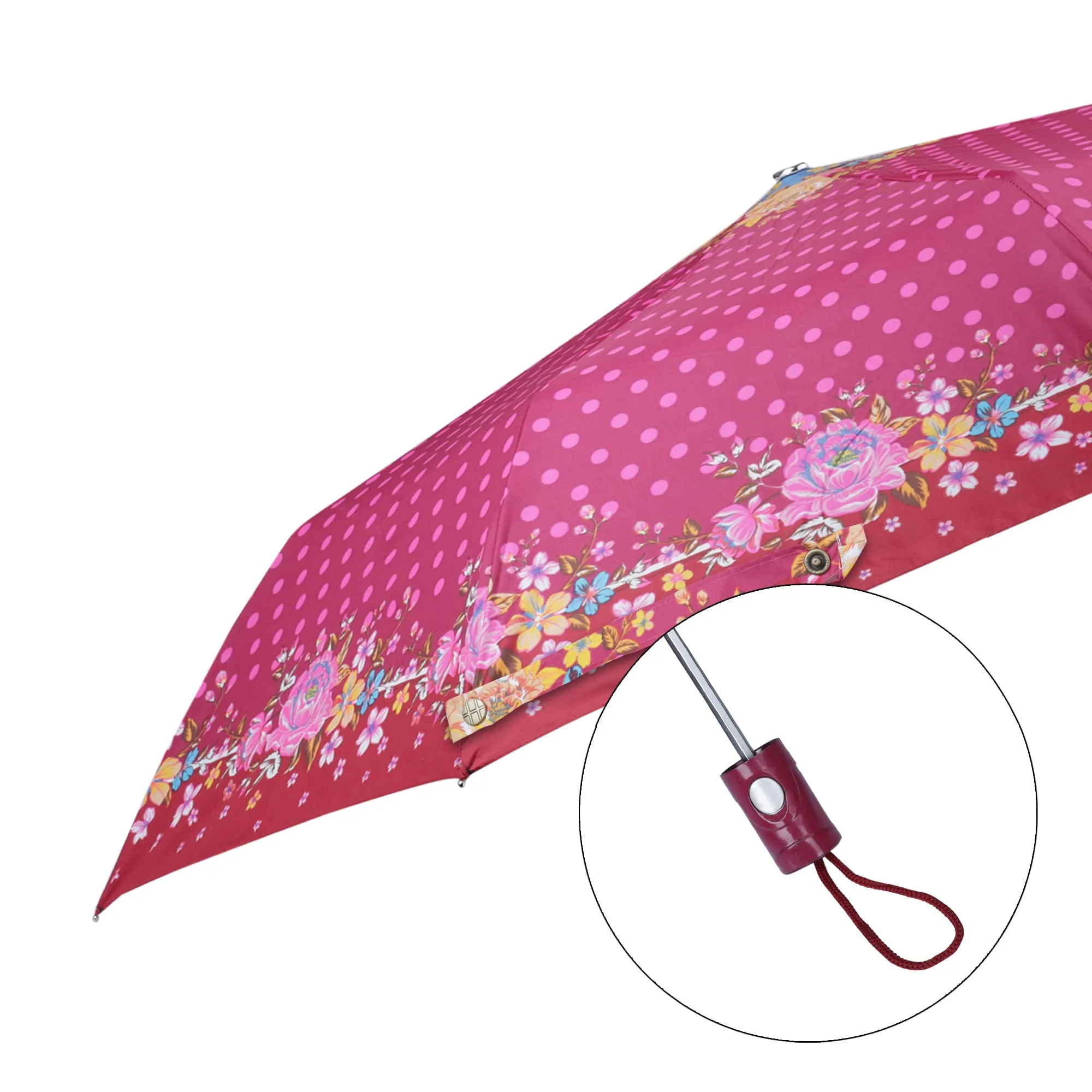 THE CLOWNFISH Umbrella Polka Dot Series 3 Fold Auto Open Waterproof Water Repellent Nylon Double Coated Silver Lined Umbrellas For Men and Women (Pink with maroon border)