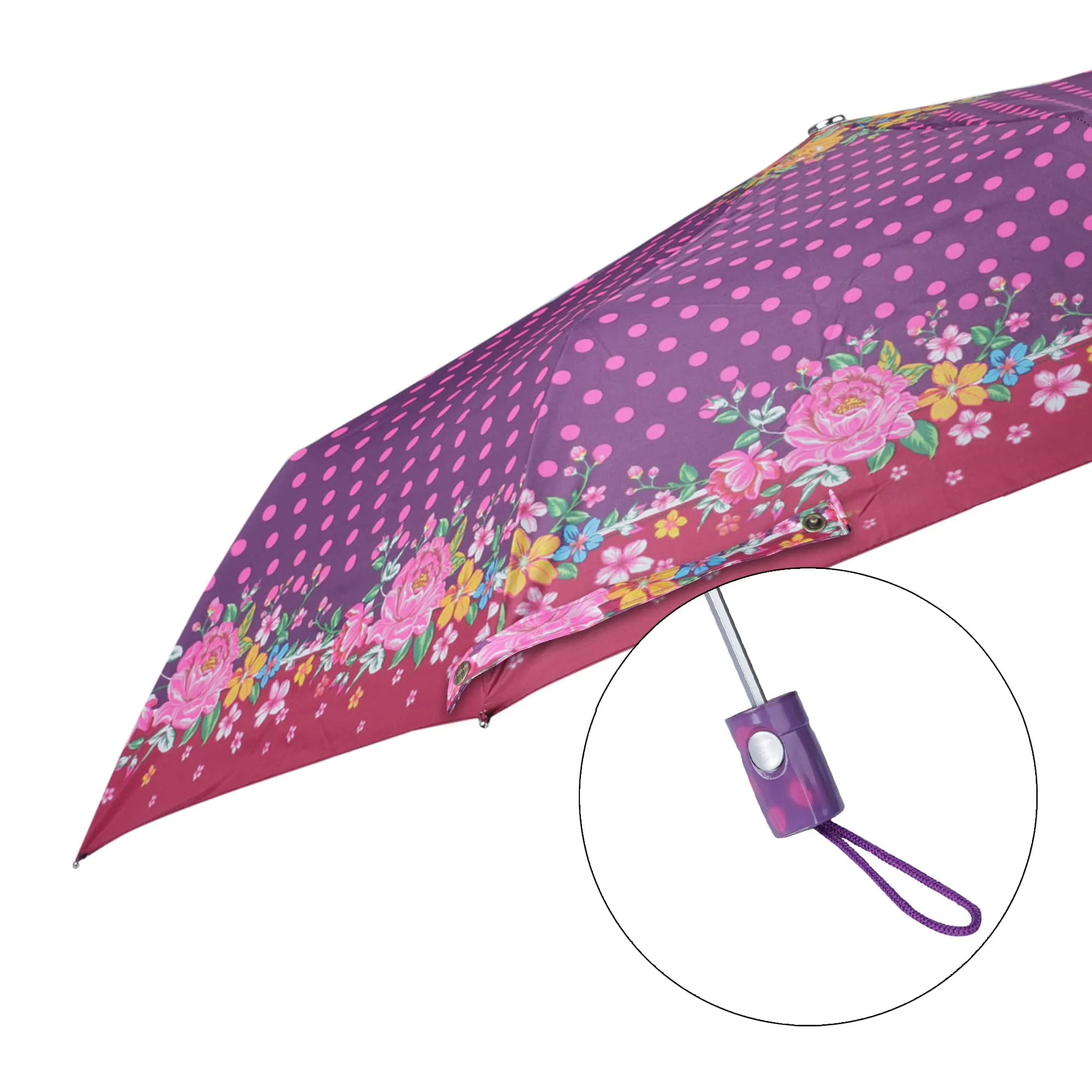 THE CLOWNFISH Umbrella Polka Dot Series 3 Fold Auto Open Waterproof Water Repellent Nylon Double Coated Silver Lined Umbrellas For Men and Women (Purple with Maroon border)