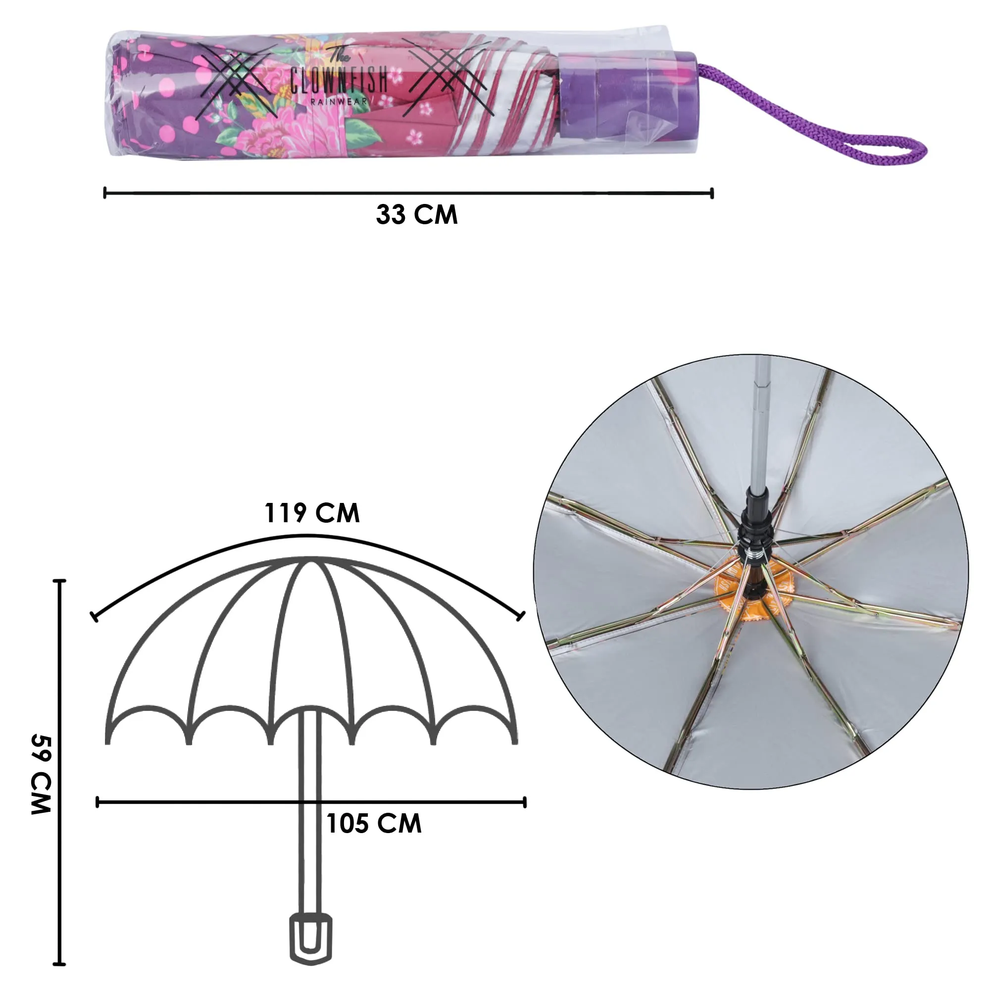 THE CLOWNFISH Umbrella Polka Dot Series 3 Fold Auto Open Waterproof Water Repellent Nylon Double Coated Silver Lined Umbrellas For Men and Women (Purple with Maroon border)