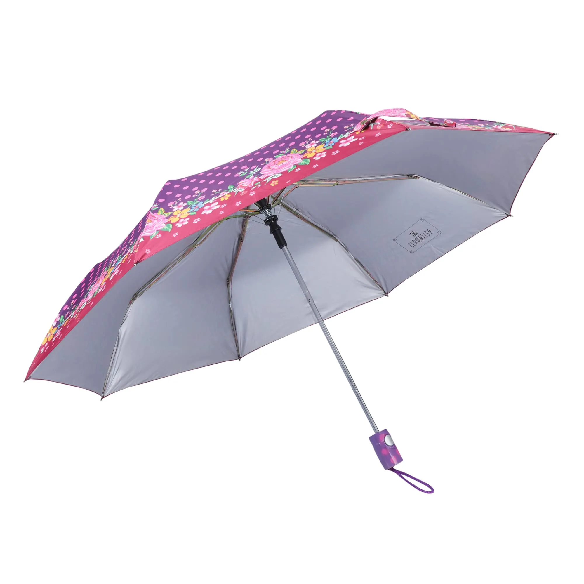 THE CLOWNFISH Umbrella Polka Dot Series 3 Fold Auto Open Waterproof Water Repellent Nylon Double Coated Silver Lined Umbrellas For Men and Women (Purple with Maroon border)