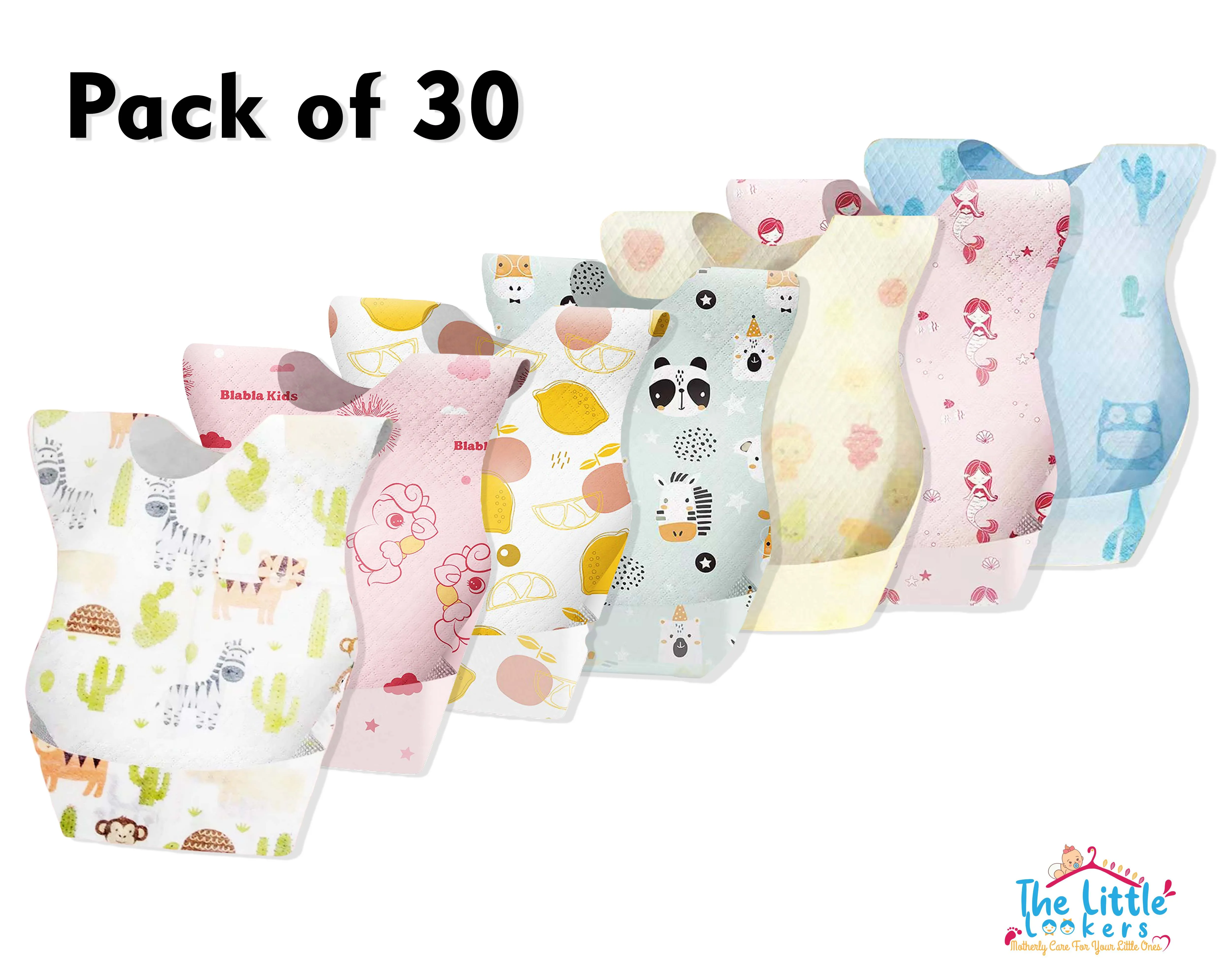 THE LITTLE LOOKERS Disposable/Use & Throw Baby Bibs/Apron for Feeding/Burp/Drool | Stick on Tape Closure| Travel & Eco-Friendly Baby Bibs for Newborns/Infants/Toddlers (Multi -Pack of 30)