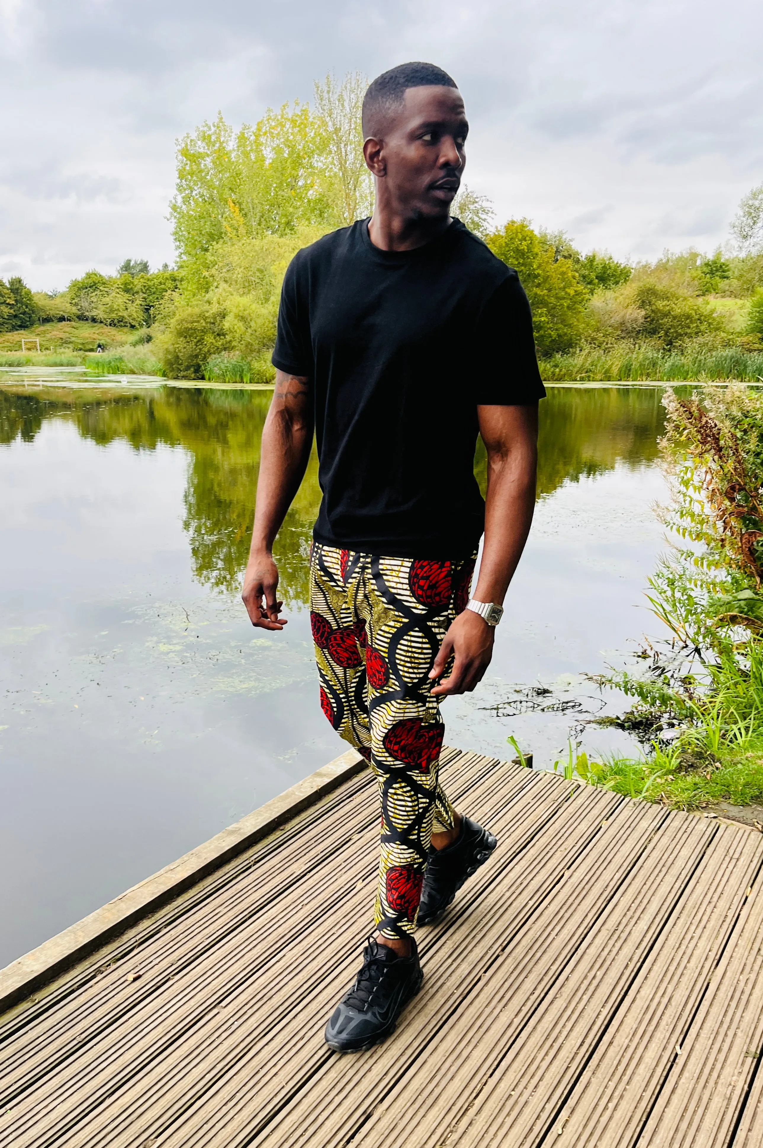 The Zembe Men Ankara African Print Slim Fit Trousers Pants in Red by Eldimaa Fashion