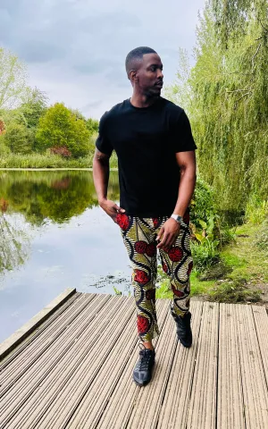 The Zembe Men Ankara African Print Slim Fit Trousers Pants in Red by Eldimaa Fashion