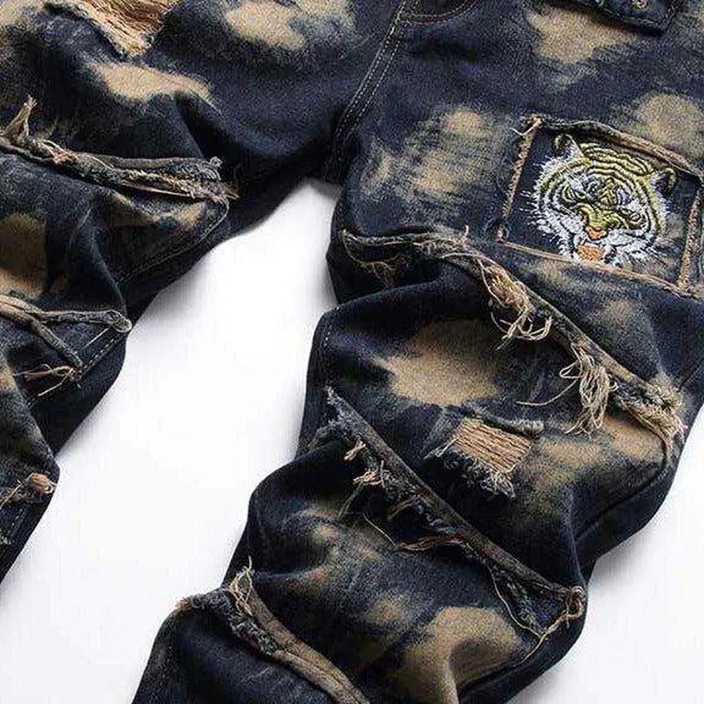 Tiger head embroidery men's jeans