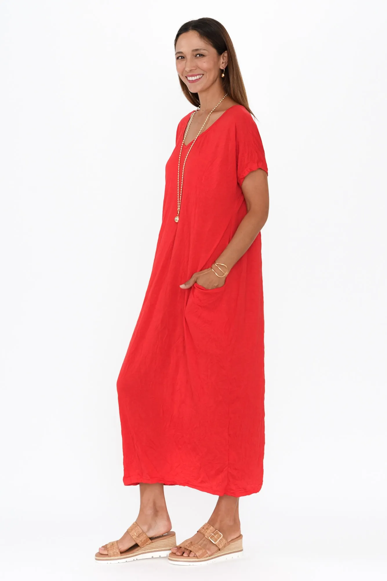 Travel Red Crinkle Cotton Maxi Dress