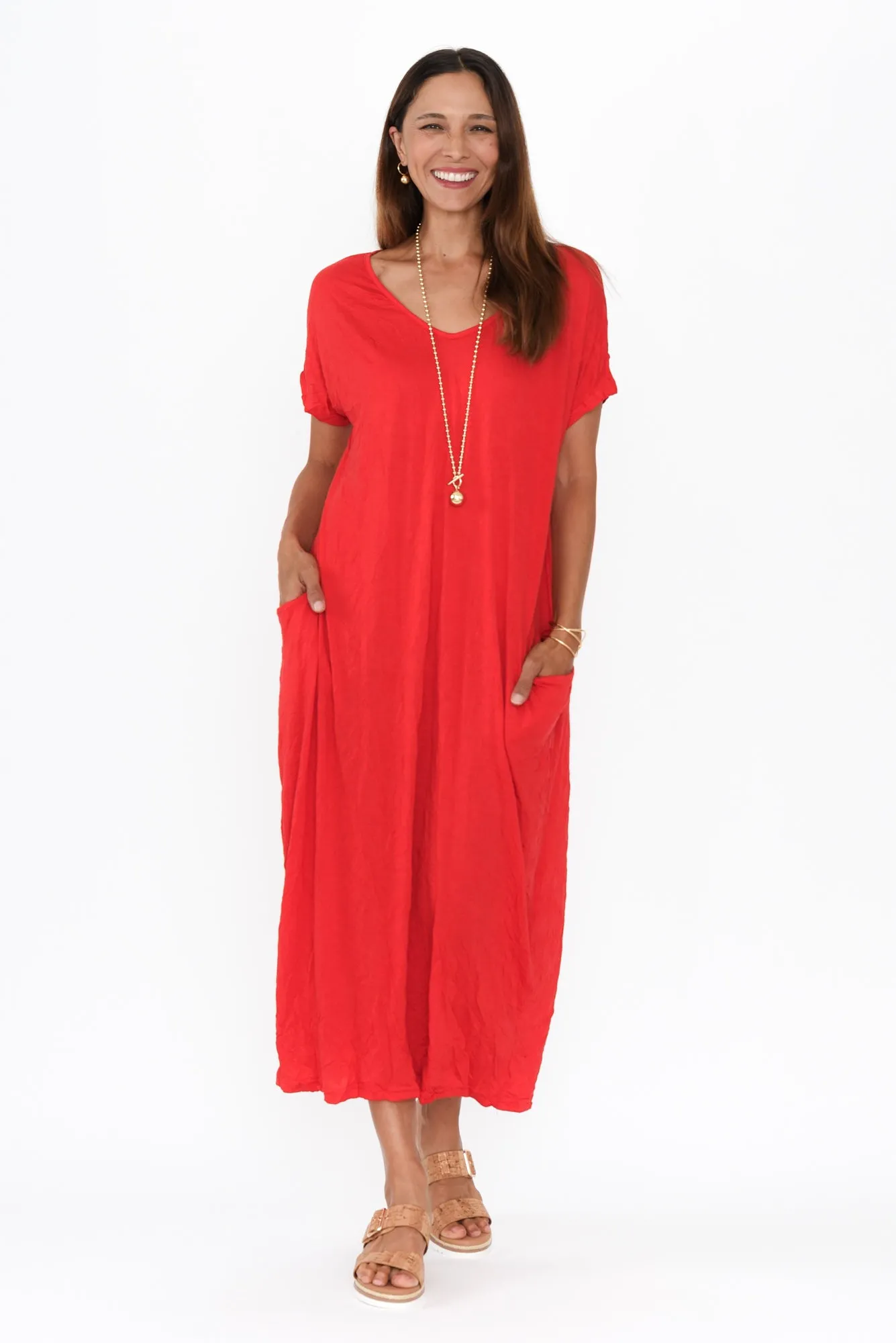 Travel Red Crinkle Cotton Maxi Dress