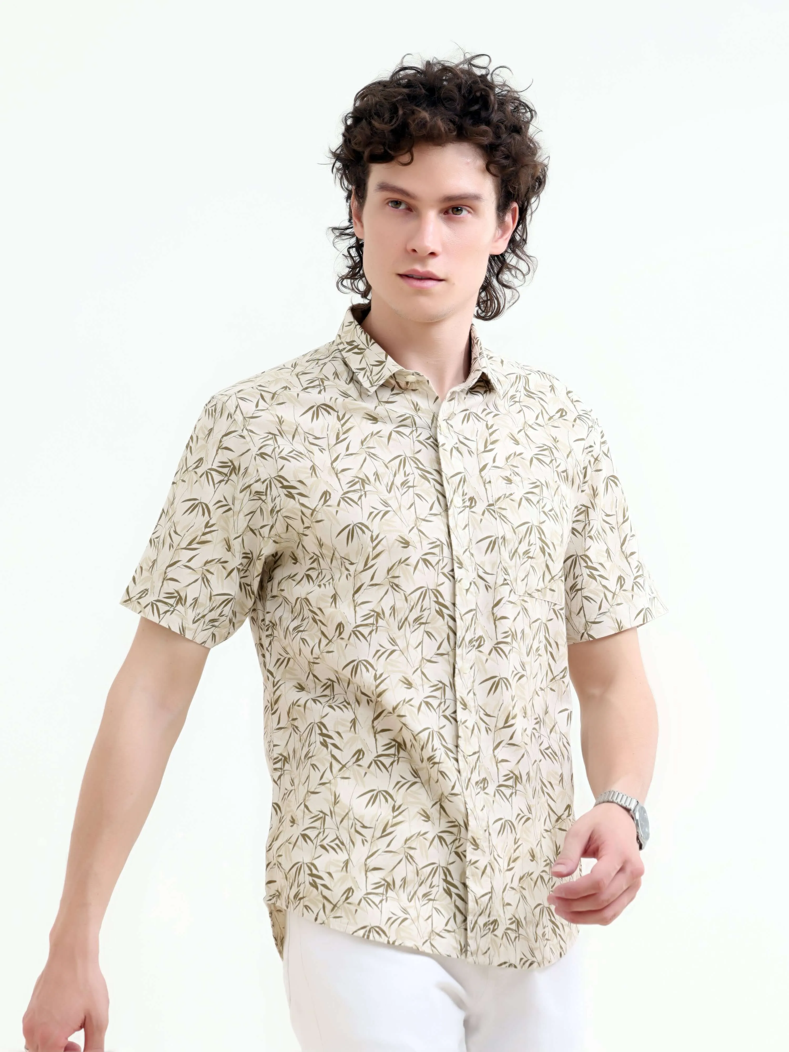 Tropical sage forest green printed shirt