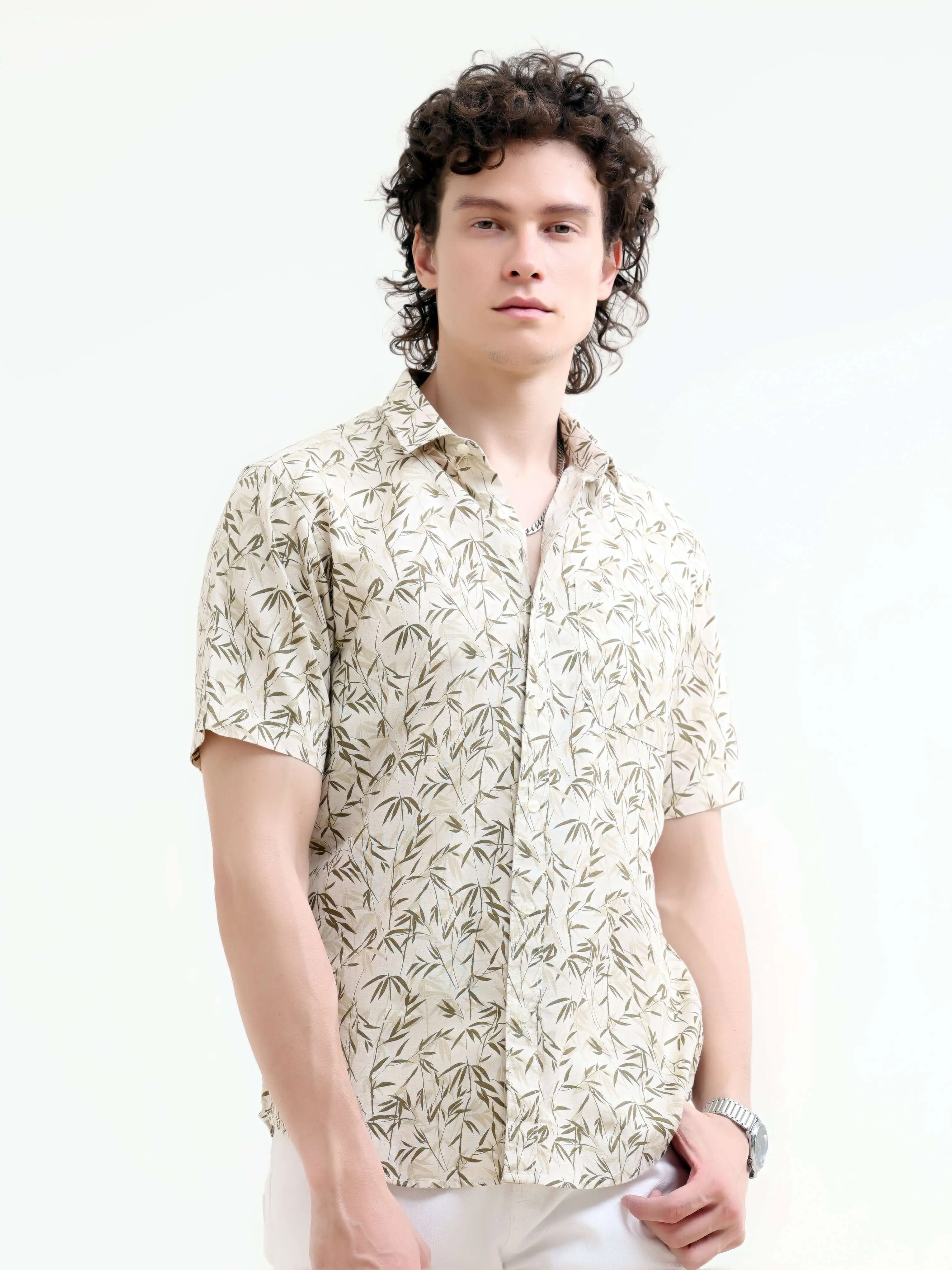 Tropical sage forest green printed shirt