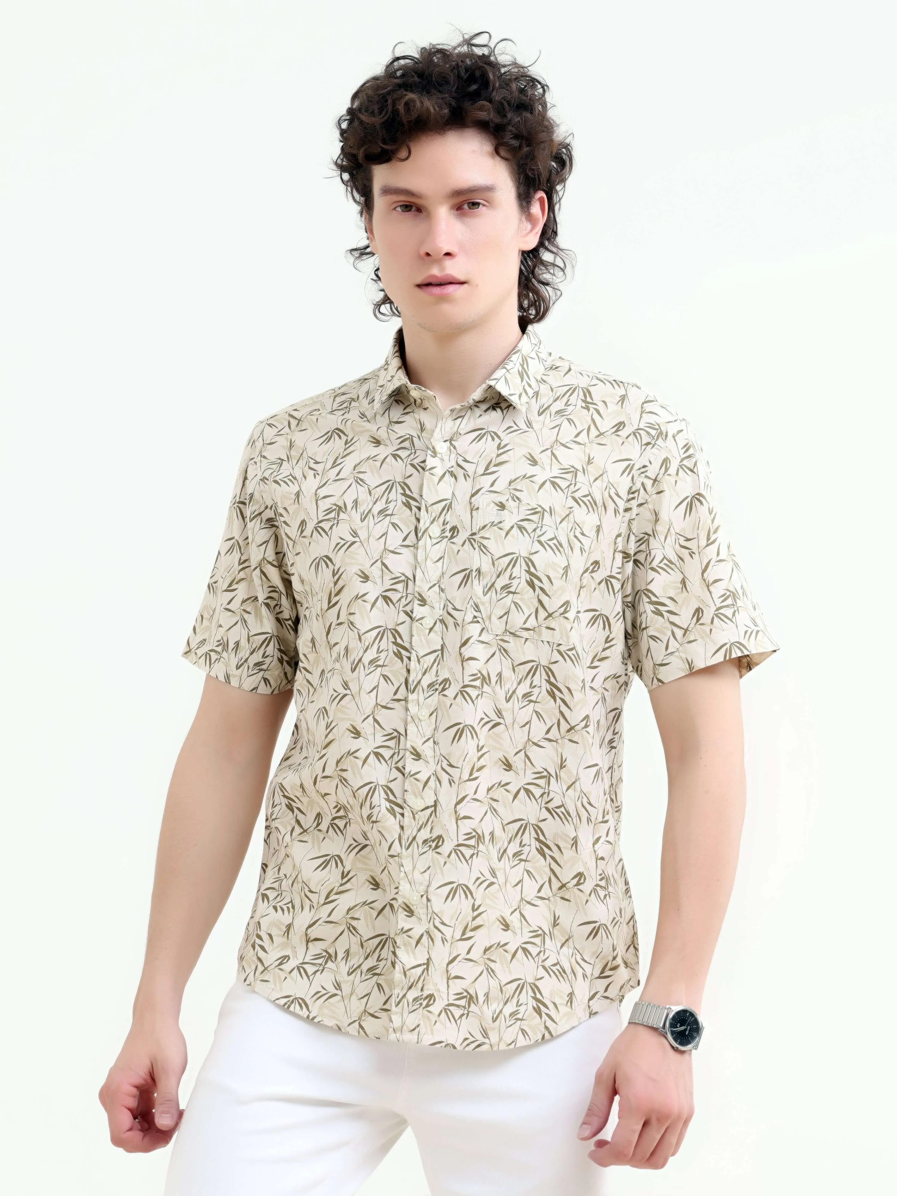 Tropical sage forest green printed shirt