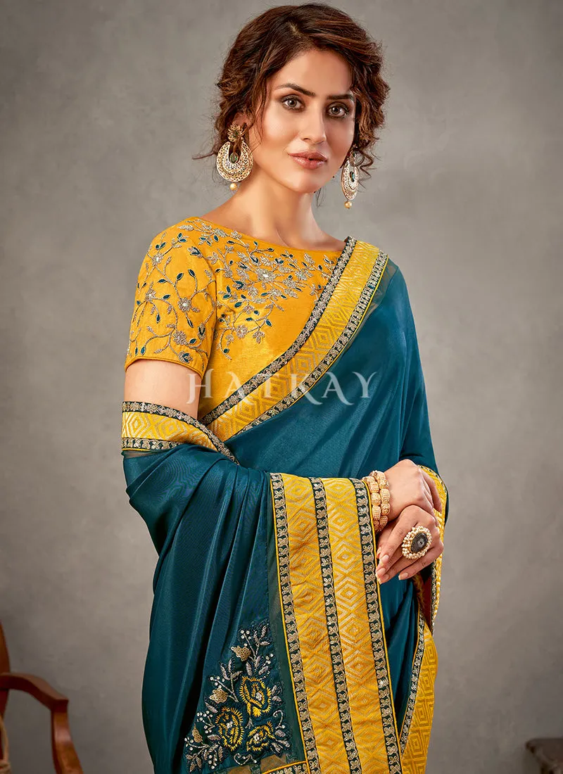 Turquoise And Yellow Zari Embroidery Silk Saree