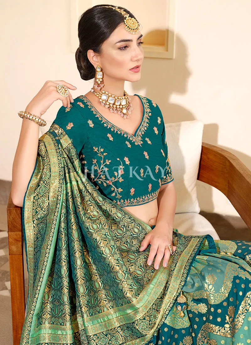 Turquoise Embroidered Banarasi Silk Saree