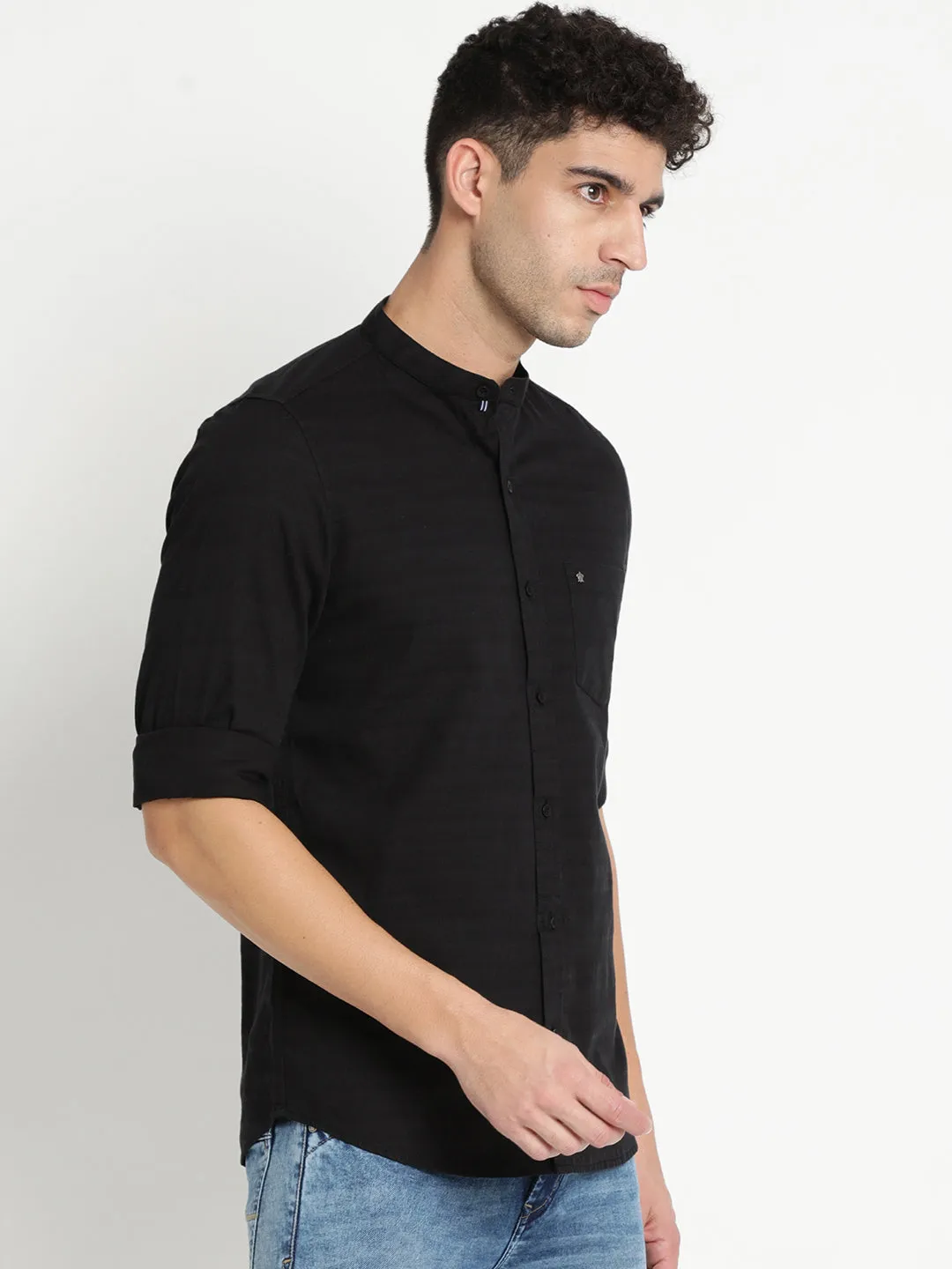 Turtle Men Black Cotton Self Design Slim Fit Casual Shirts