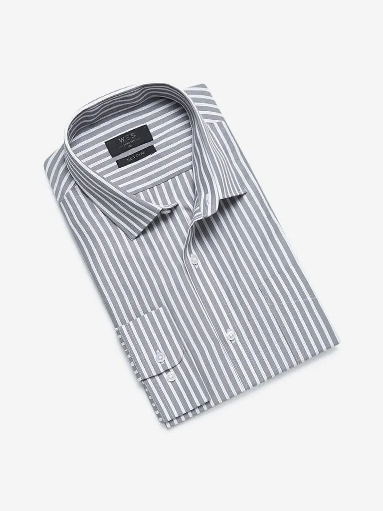 WES Formals Grey Slim Fit Striped Shirt