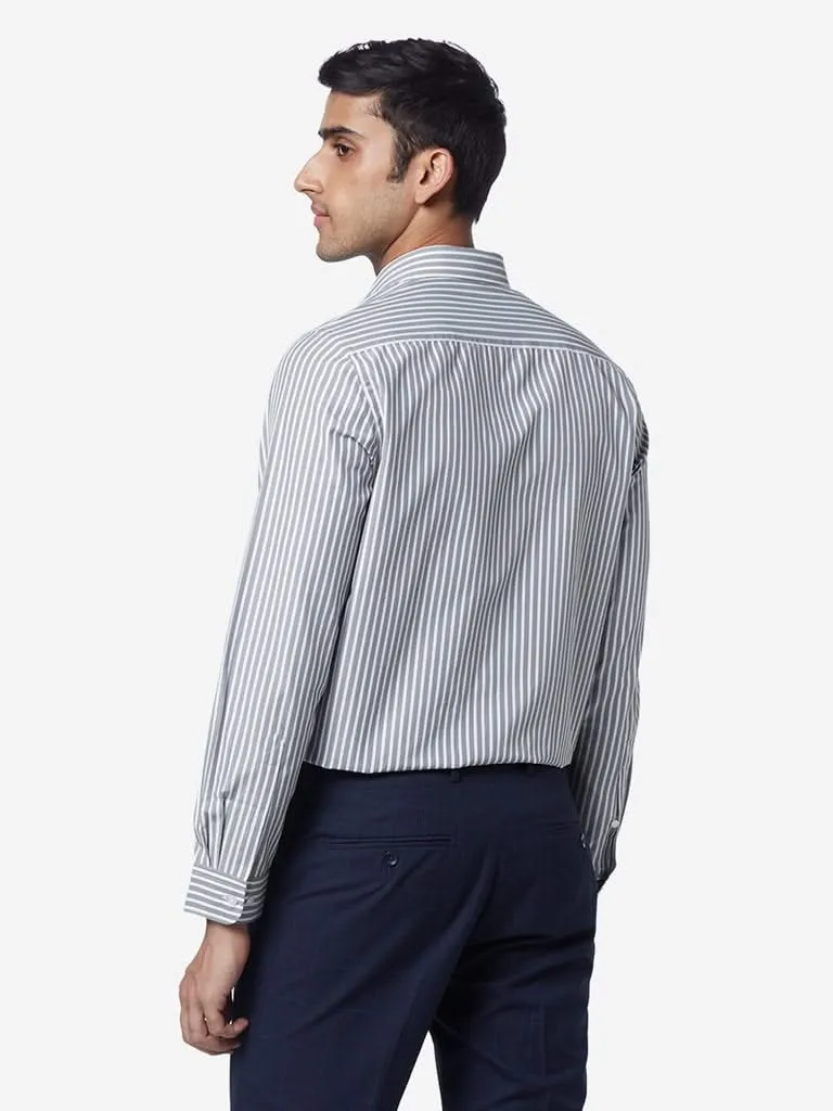 WES Formals Grey Slim Fit Striped Shirt