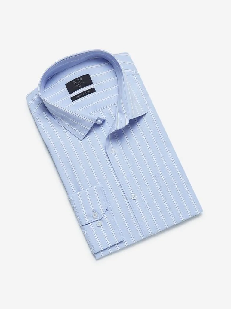 WES Formals Light Blue Slim-Fit Striped Shirt