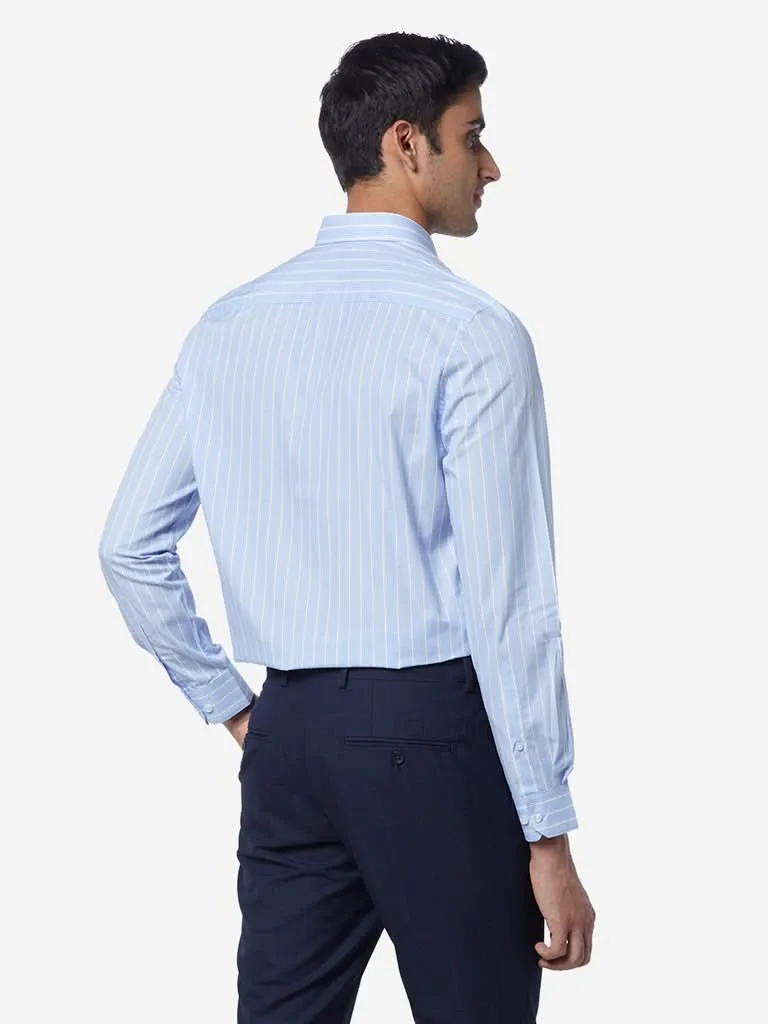 WES Formals Light Blue Slim-Fit Striped Shirt