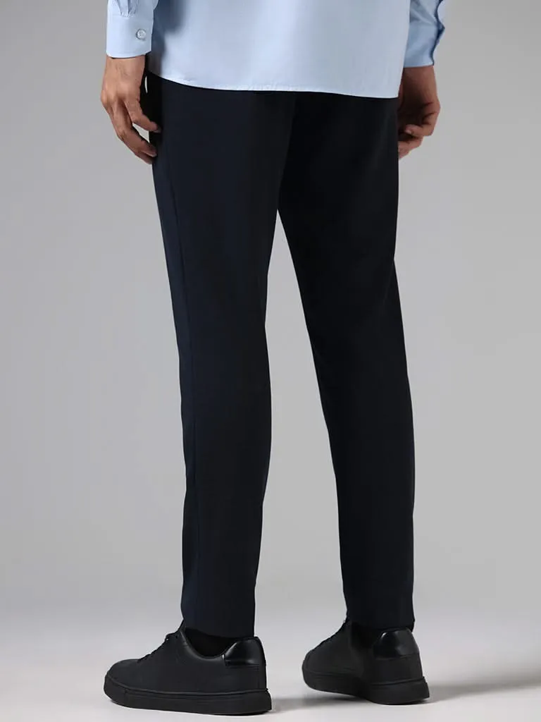 WES Formals Navy Slim-Fit Mid-Rise Trousers