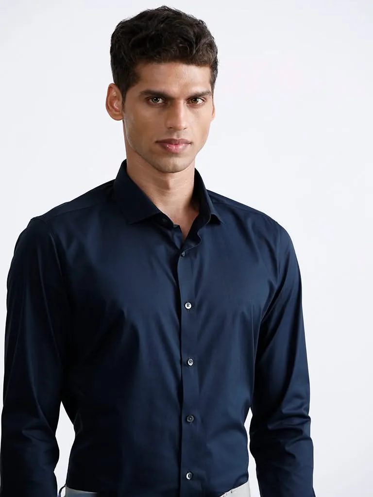 WES Formals Plain Navy Blue Cotton Blend Ultra-Slim Fit Shirt