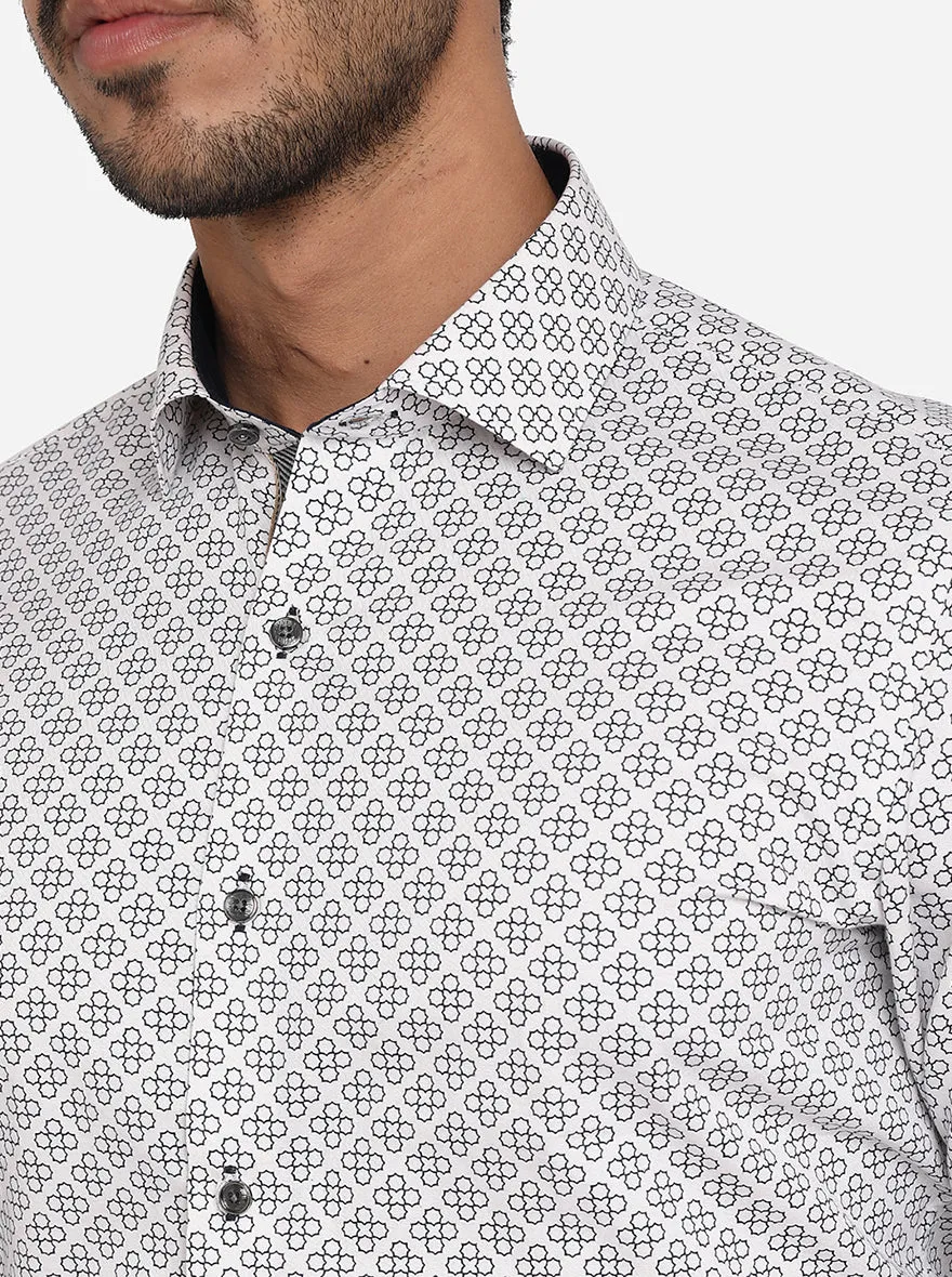 White & Navy Blue Printed Slim Fit Party Wear Shirt | JB Studio