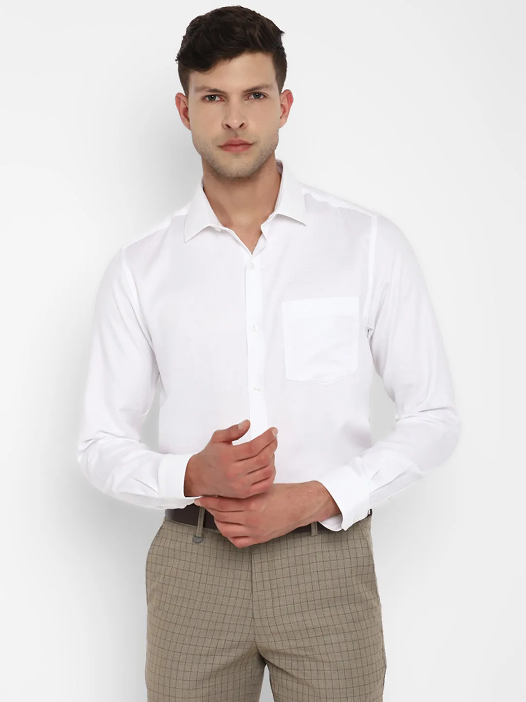 White Self Design Cotton Slim Fit Shirt