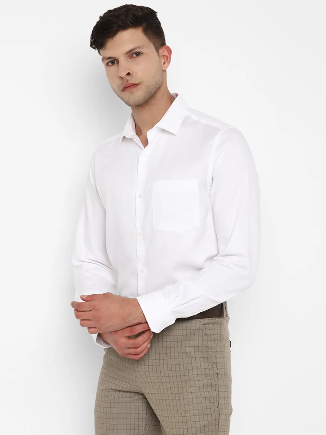 White Self Design Cotton Slim Fit Shirt