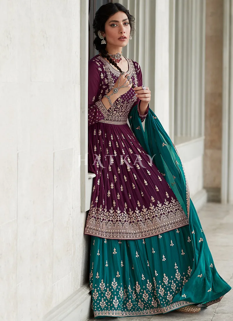 Wine And Green Embroidery Peplum Anarkali Lehenga