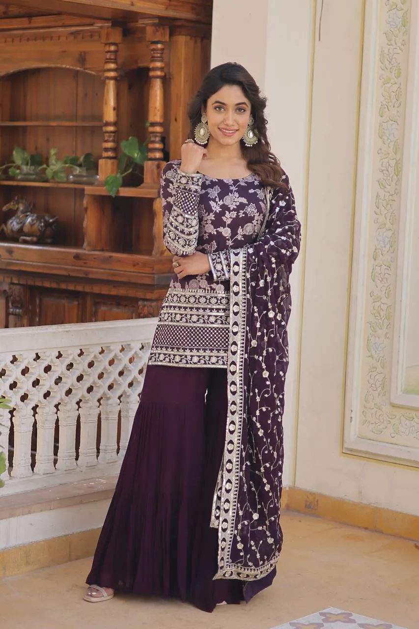 Wine Faux Blooming Sequins & Zari Embroidered Readymade Gharara Suit Set