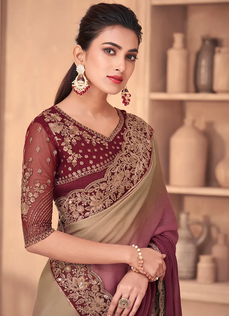 Wine Sequence Embroidery Traditional Wedding Saree