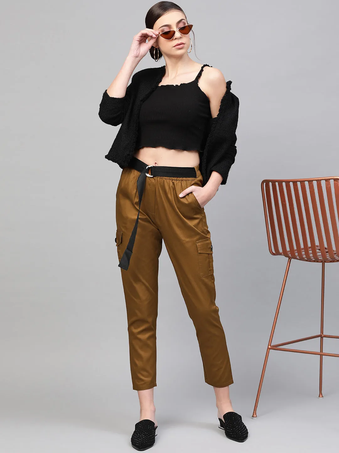 Women Brown Tapered Belted Pants