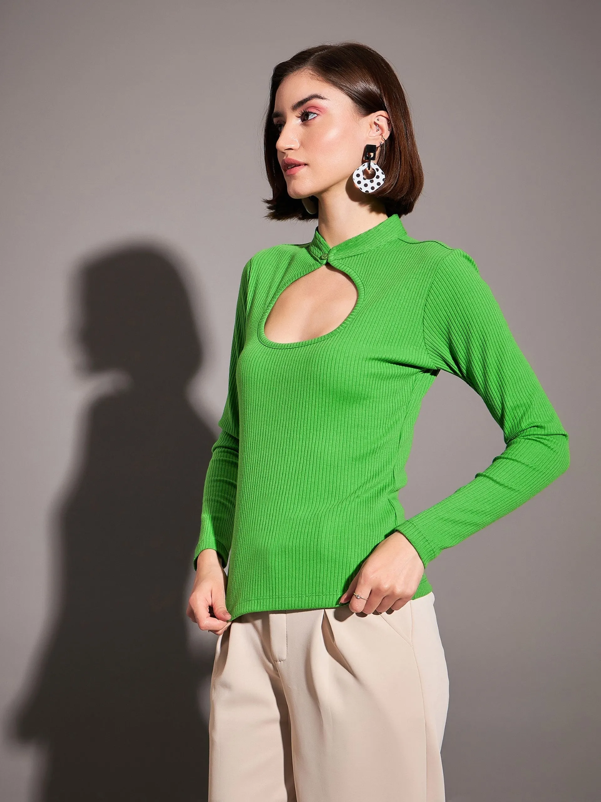 Women Green Rib Neck Cut Out Top