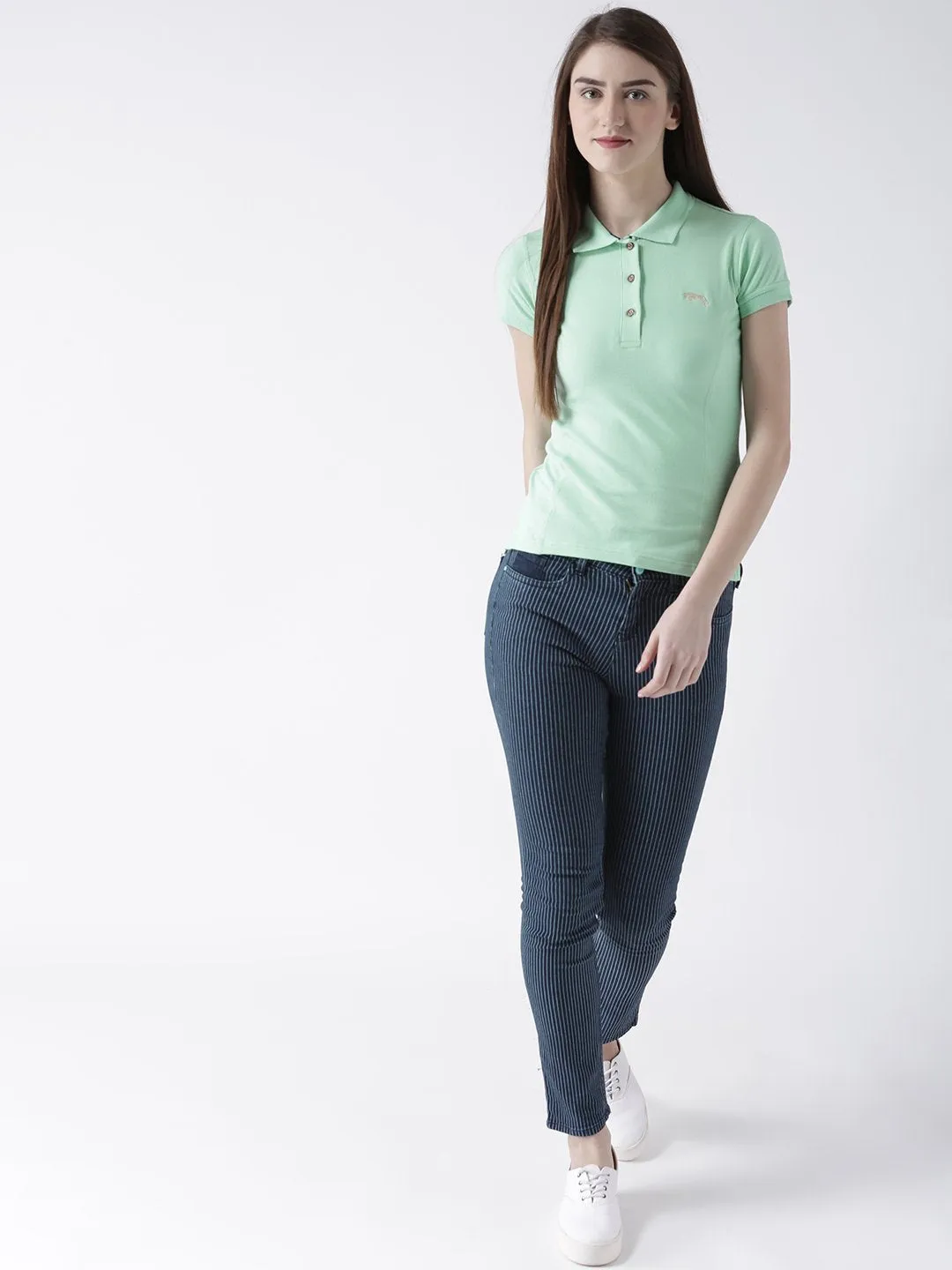 Women Green Solid Polo Collar T-shirt