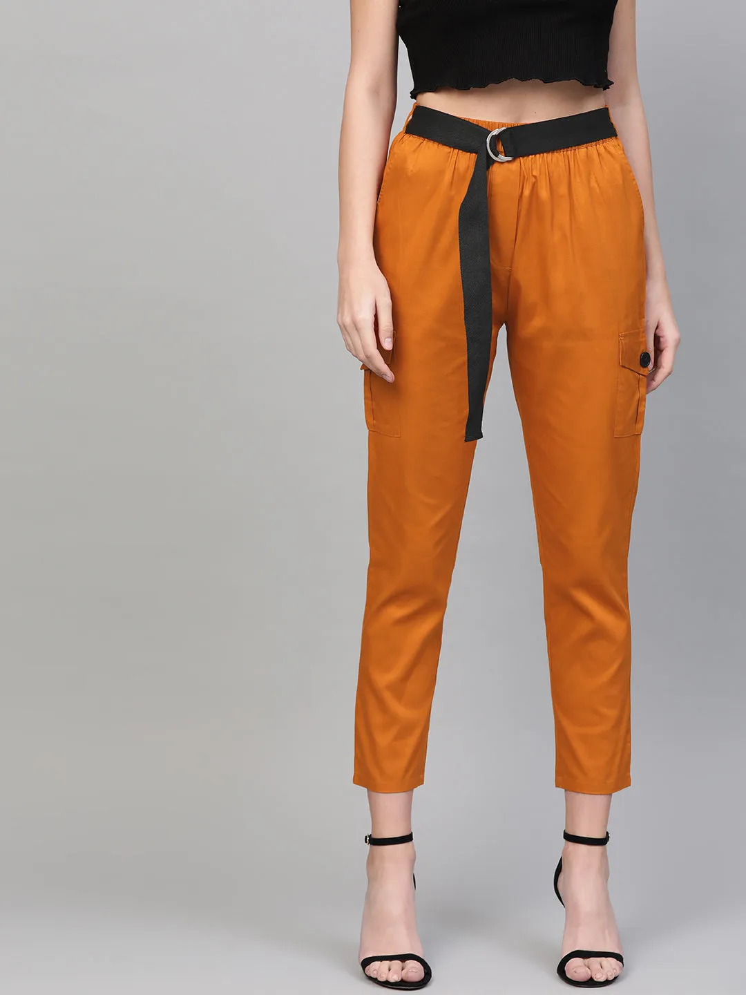 Women Orange Tapered Belted Pants